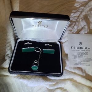 K. Mikimoto Green Cufflinks and Tie Clip Set